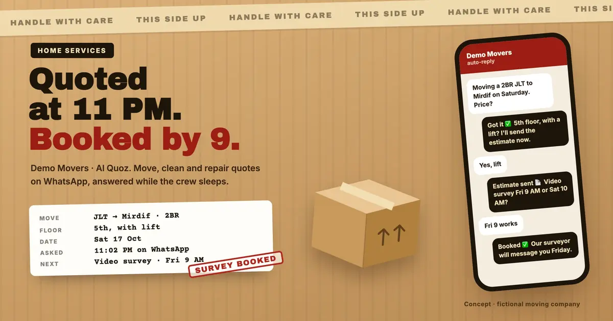 Concept landing page and WhatsApp booking chat for Demo Movers