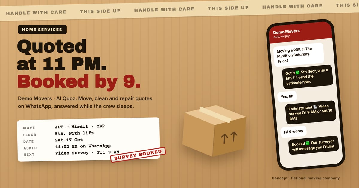 Concept landing page and WhatsApp booking chat for Demo Movers