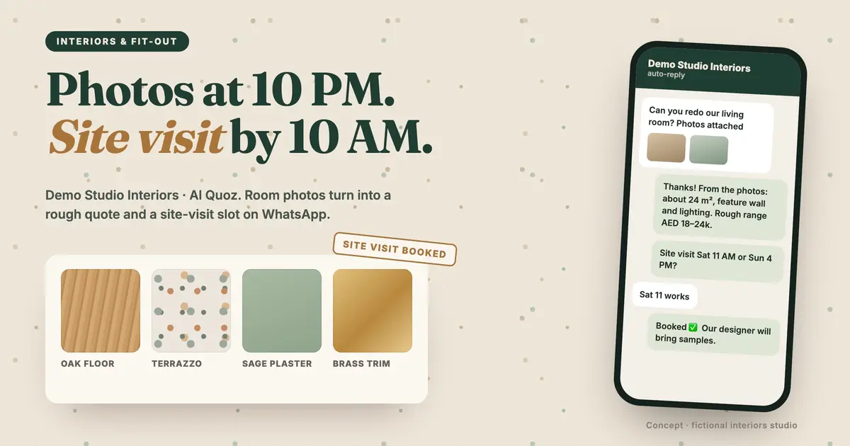 Concept landing page and WhatsApp booking chat for Demo Studio Interiors