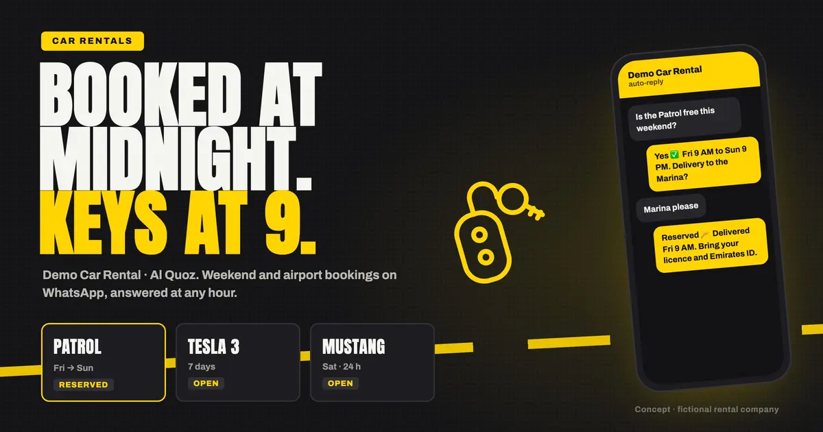 Concept landing page and WhatsApp booking chat for Demo Car Rental