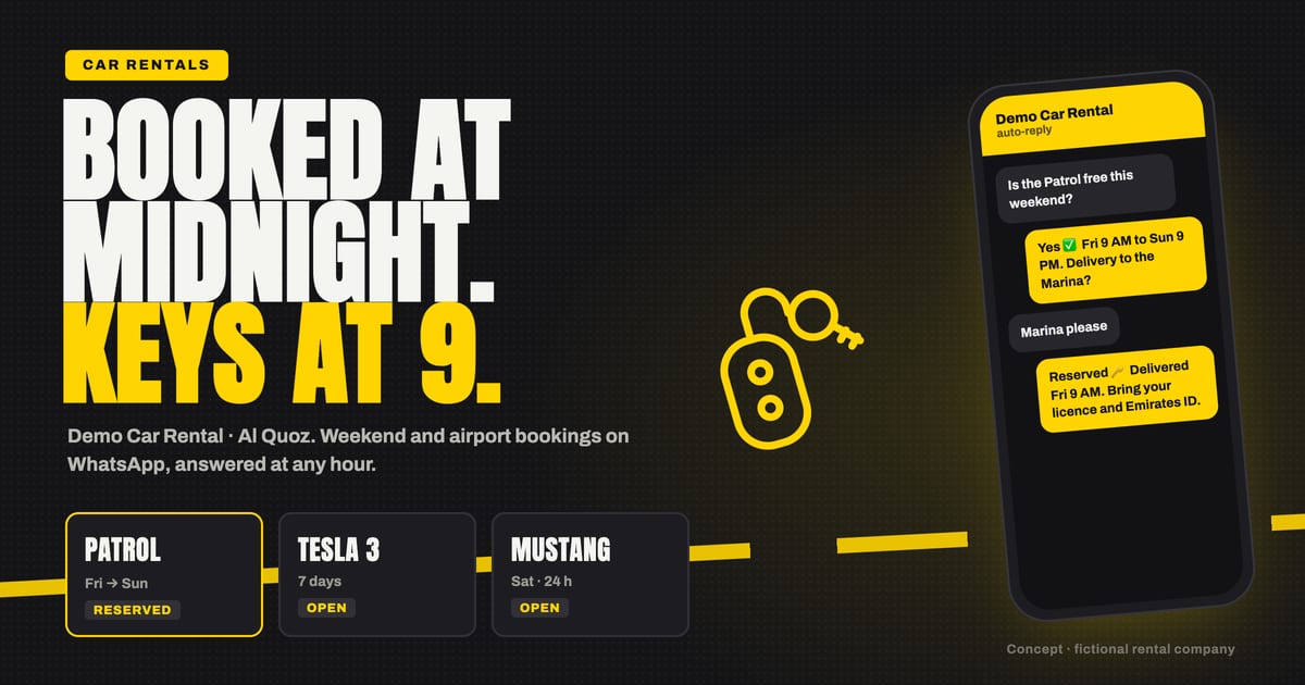 Concept landing page and WhatsApp booking chat for Demo Car Rental
