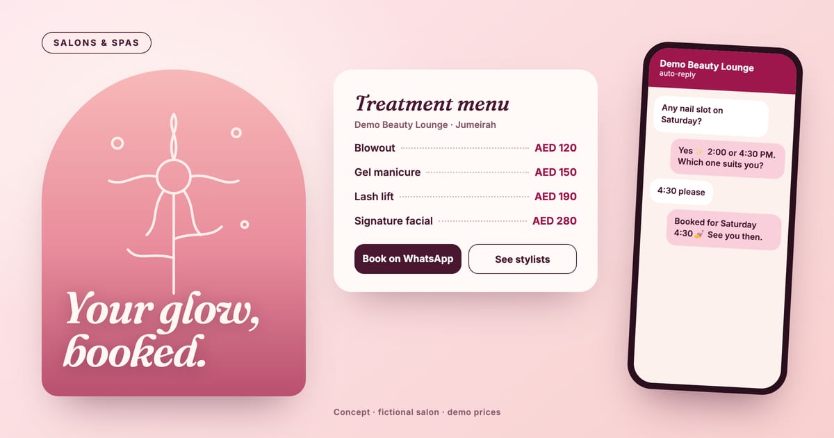 Concept landing page and WhatsApp booking chat for Demo Beauty Lounge